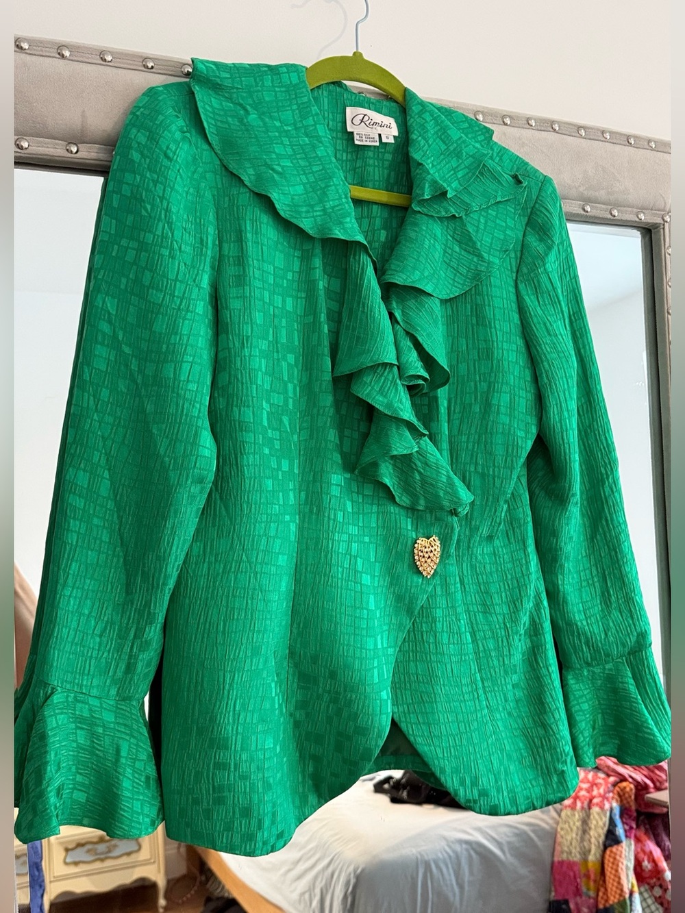 Vintage 80s Green Rimini Silk Blazer Ruffles & Rhinestone Closure